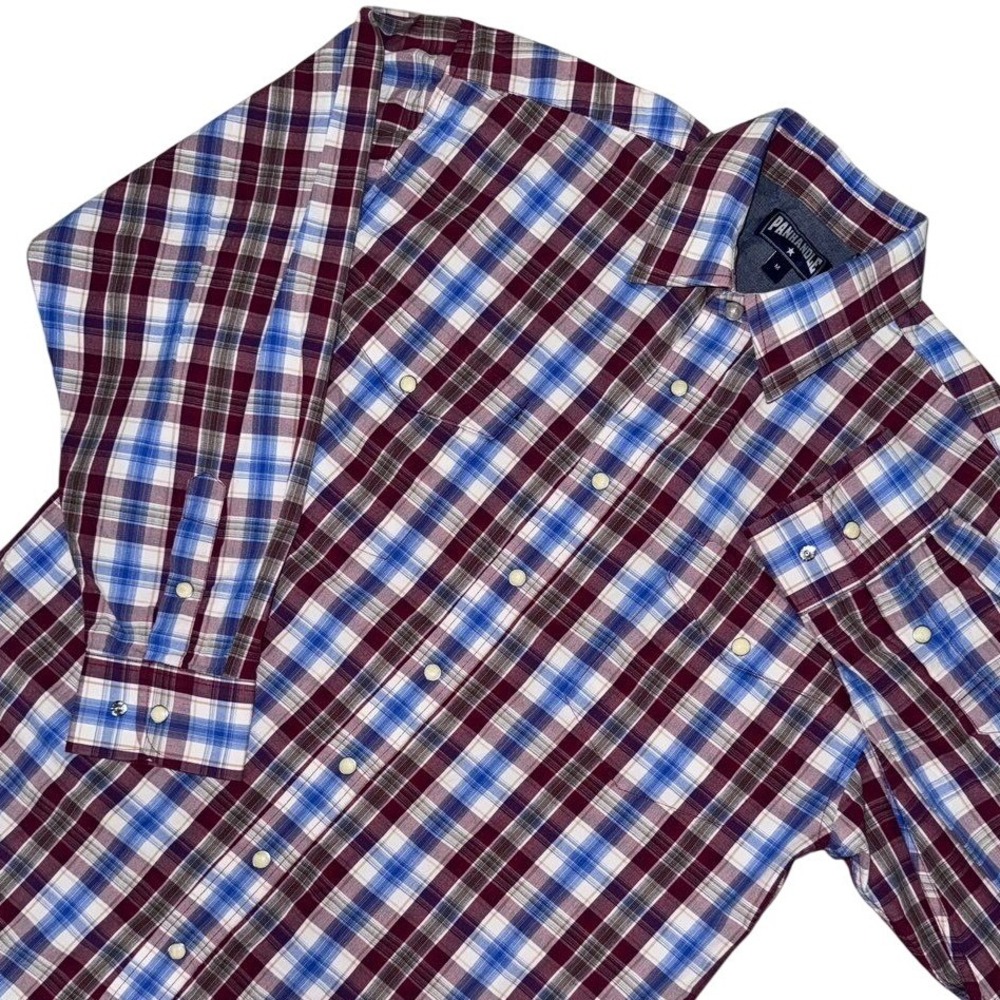 Panhandle Western Snap Shirt‎ Mens M Burgundy Blue Plaid Long Sleeve